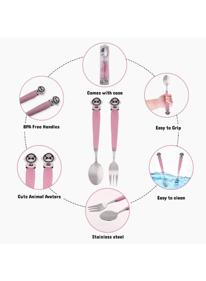 CRAVISTA Astronaut Design Kids Cutlery Set with Case - 2-Piece Stainless Steel BPA Free Cutlery Set Includes Spoon, Fork and Case for Lunch Box, Picnic and Travel (Pink) - Image 3