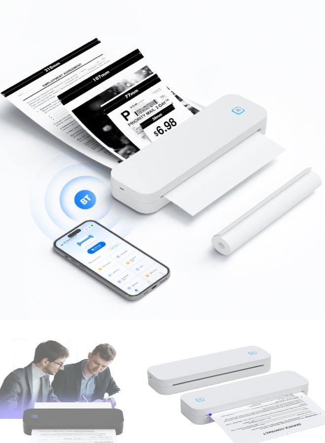 ماركليف طابعة محمولة لاسلكية، طابعة حرارية تدعم الهاتف واللابتوب، طابعة سفر بدقة عالية 203 نقطة في البوصة، صانع ملصقات، بلوتوث وUSB، للاستخدام في المنزل/المكتب، المدرسة في السيارة، باللون الأبيض - Image 1