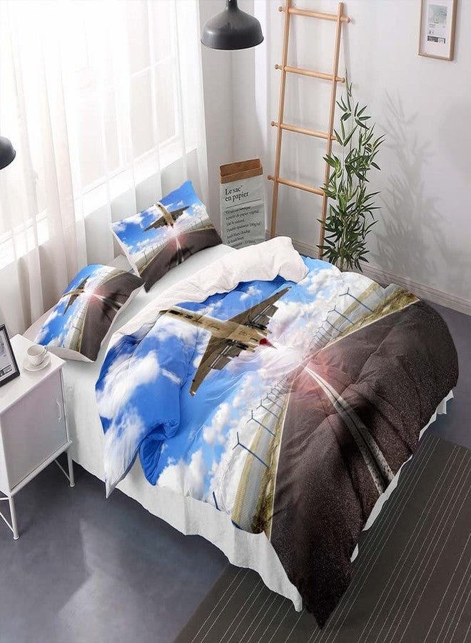 جينغتشانغ طقم غطاء لحاف من قطعتين بتصميم طائرة جينغ تشانغ، طقم مفروشات سرير بتصميم مدرج مطار صن شاين مع أربطة بسحاب، طقم لحاف كبير الحجم من الألياف الدقيقة بتصميم مطار مع غطاء وسادة واحد للأطفال والكبار، مقاس مفرد - Image 2