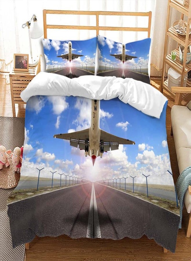 جينغتشانغ طقم غطاء لحاف من قطعتين بتصميم طائرة جينغ تشانغ، طقم مفروشات سرير بتصميم مدرج مطار صن شاين مع أربطة بسحاب، طقم لحاف كبير الحجم من الألياف الدقيقة بتصميم مطار مع غطاء وسادة واحد للأطفال والكبار، مقاس مفرد - Image 1