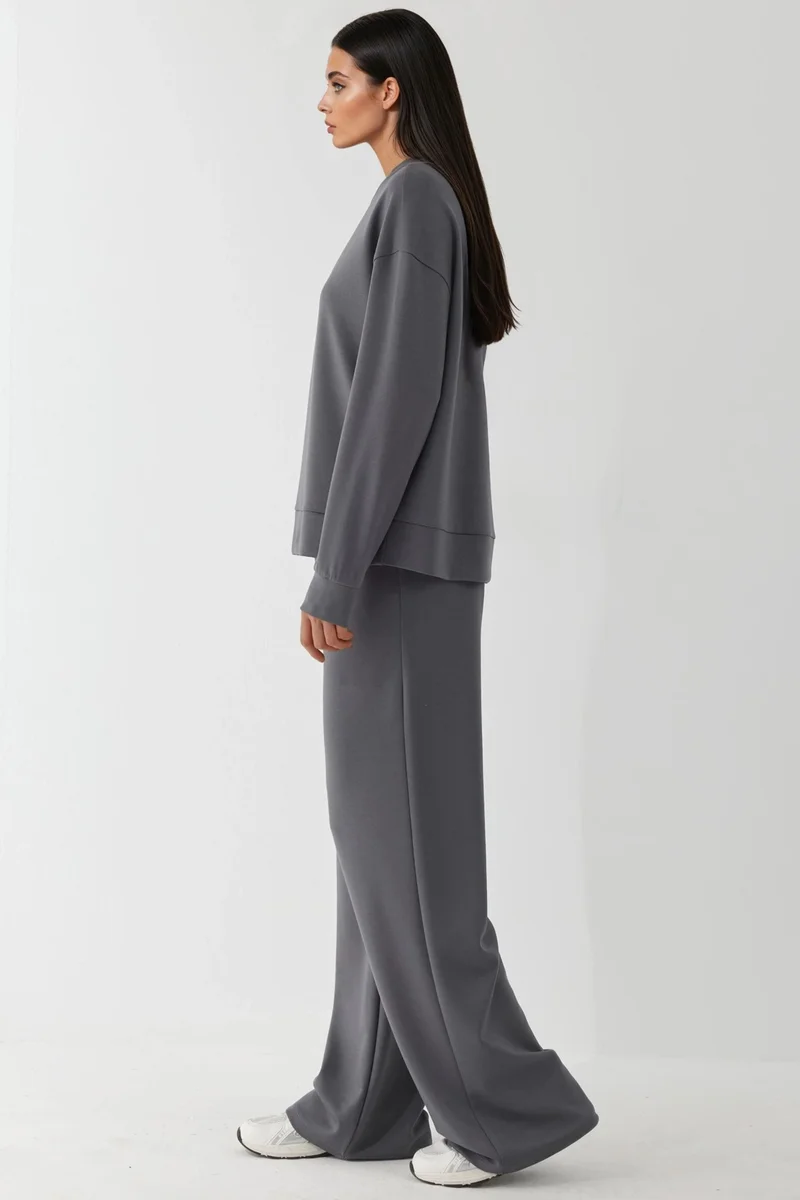 Hiccup Dark Grey Modal Touch Basic Sweatshirt & Wide Leg Pants Two-Piece Coord Set for Women | Best Price UAE