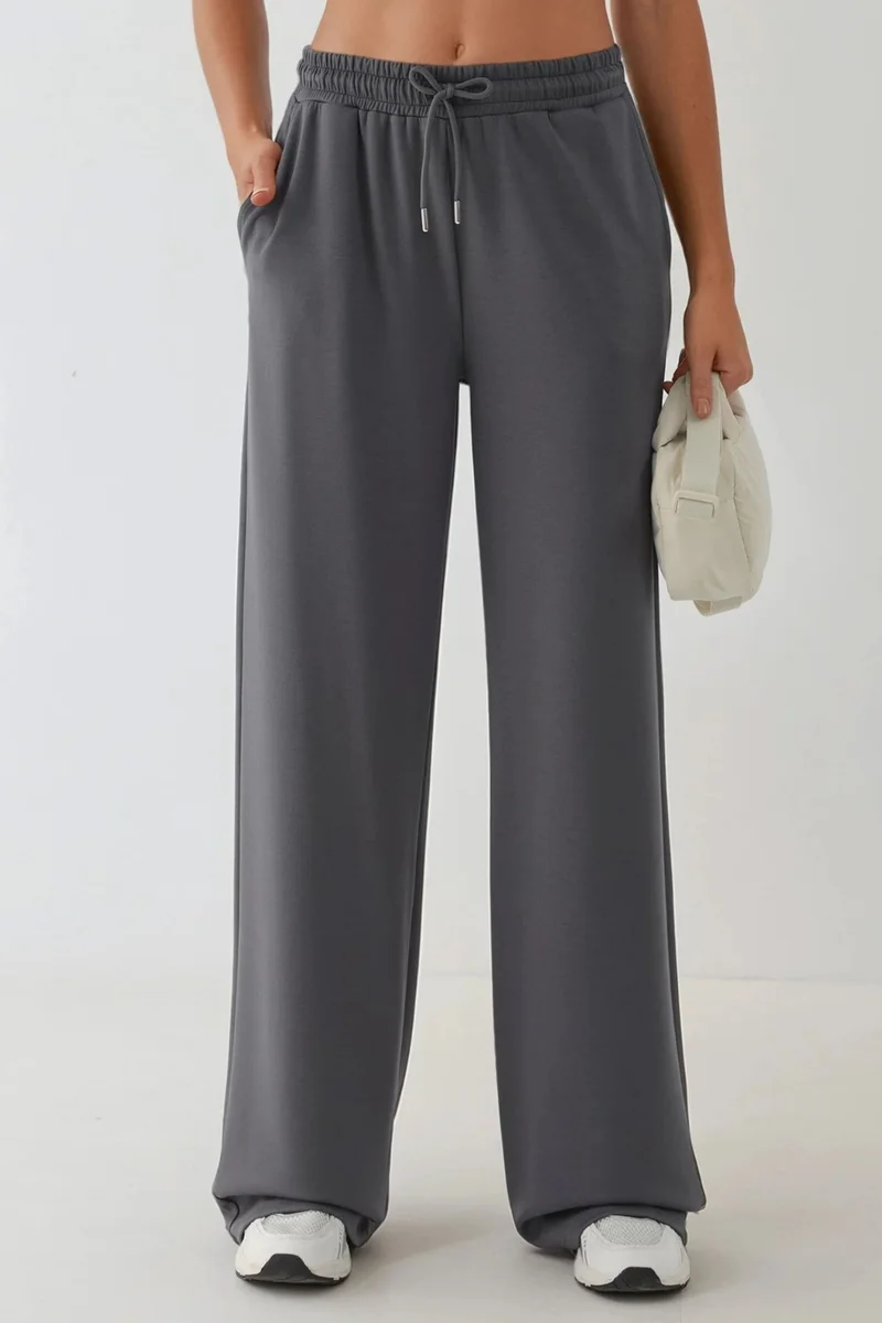 Hiccup Dark Grey Modal Touch Basic Sweatshirt & Wide Leg Pants Two-Piece Coord Set for Women | Best Price UAE