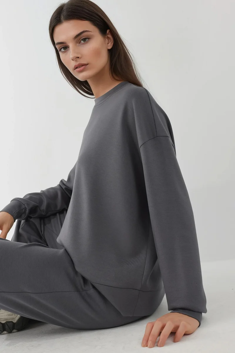 Hiccup Dark Grey Modal Touch Basic Sweatshirt & Wide Leg Pants Two-Piece Coord Set for Women | Best Price UAE