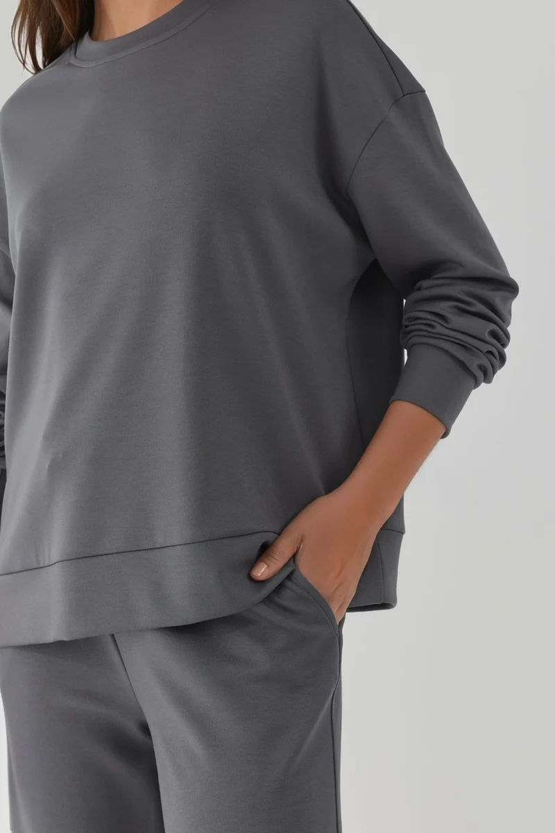Hiccup Dark Grey Modal Touch Basic Sweatshirt & Wide Leg Pants Two-Piece Coord Set for Women | Best Price UAE