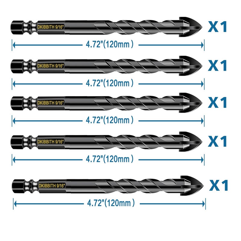 DKIBBITH 5 Pcs 9/16" Masonry Concrete Drill Bit Set for Tile Brick Glass Plastic Wood, Cross Tungsten Carbide Tip, Hex Shank, Work with Ceramic Porcelain Tile Wall Mirror Paver,9/16 Inch Drill Bits, 14mm - Image 2