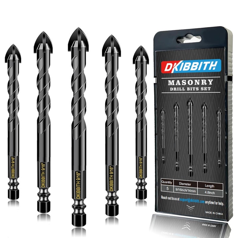 DKIBBITH 5 Pcs 9/16" Masonry Concrete Drill Bit Set for Tile Brick Glass Plastic Wood, Cross Tungsten Carbide Tip, Hex Shank, Work with Ceramic Porcelain Tile Wall Mirror Paver,9/16 Inch Drill Bits, 14mm - Image 1