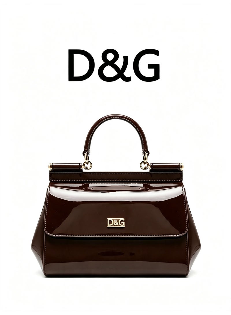D&G Sicily East West Smooth Leather Top Handbag, Women's Handbag, Women's Shoulder Bag, Women's Crossbody Bag, Women's Travel Bag, Brown Plain weave - Image 1