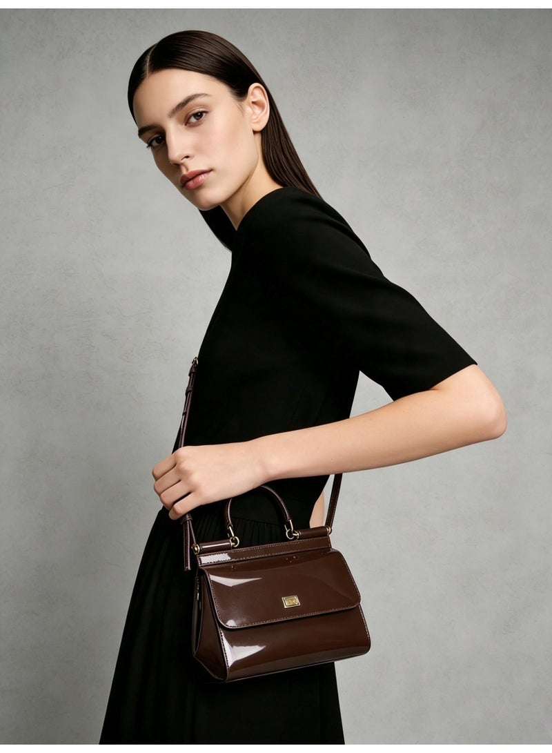 D&G Sicily East West Smooth Leather Top Handbag, Women's Handbag, Women's Shoulder Bag, Women's Crossbody Bag, Women's Travel Bag, Brown Plain weave - Image 5