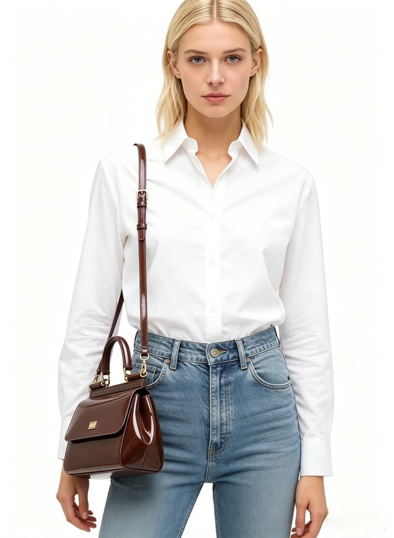 D&G Sicily East West Smooth Leather Top Handbag, Women's Handbag, Women's Shoulder Bag, Women's Crossbody Bag, Women's Travel Bag, Brown Plain weave - Image 3