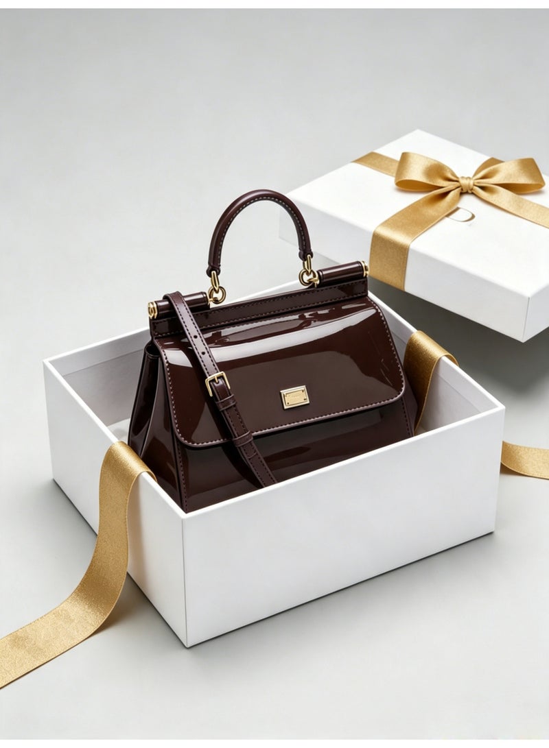 D&G Sicily East West Smooth Leather Top Handbag, Women's Handbag, Women's Shoulder Bag, Women's Crossbody Bag, Women's Travel Bag, Brown Plain weave - Image 4