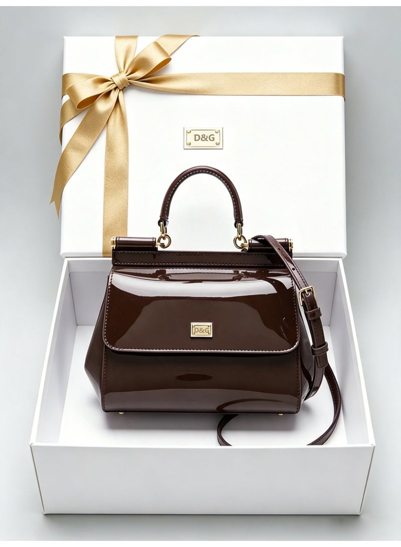 D&G Sicily East West Smooth Leather Top Handbag, Women's Handbag, Women's Shoulder Bag, Women's Crossbody Bag, Women's Travel Bag, Brown Plain weave - Image 2