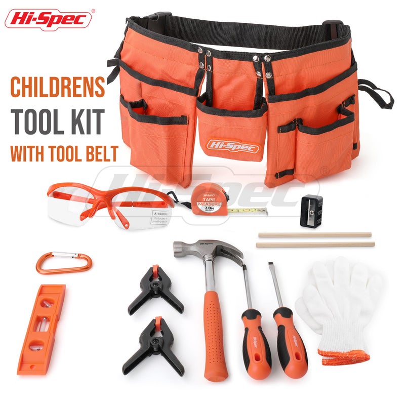 Hi-Spec 16pc Orange Kids Tool Kit Set & Child Size Tool Belt. Real Kit for DIY Building, Woodwork & Construction Learning for Kids - Image 2