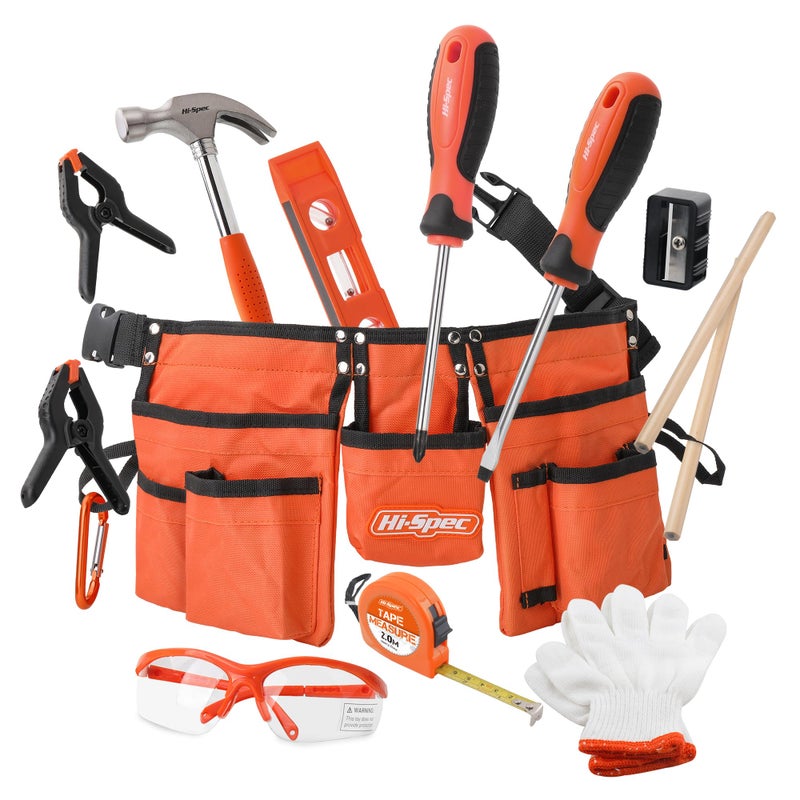 Hi-Spec 16pc Orange Kids Tool Kit Set & Child Size Tool Belt. Real Kit for DIY Building, Woodwork & Construction Learning for Kids - Image 1