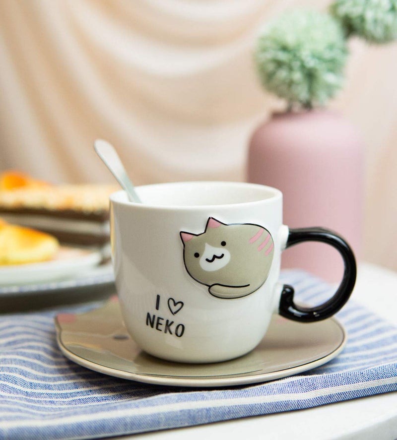 Ebros Gift Ebros Pack Of 2 Crazy For Cats Maneki Neko Porcelain Coffee Tea Mug Cup 8oz With Saucer Tray And Notched Spoon Animal Pets Kittens Mugs Cups Kids And Adults Drinkware Brown Pink Ears