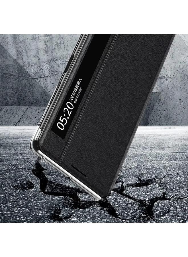 زبون جراب هاتف Honor Magic V2 الذكي المصنوع من الجلد العادي مع نافذة عرض - Image 2