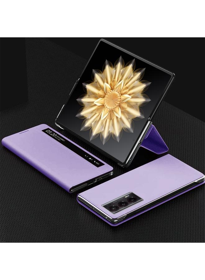 زبون جراب هاتف Honor Magic V2 الذكي المصنوع من الجلد العادي مع نافذة عرض - Image 1