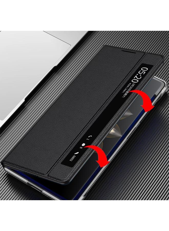 زبون جراب هاتف Honor Magic V2 الذكي المصنوع من الجلد العادي مع نافذة عرض - Image 5