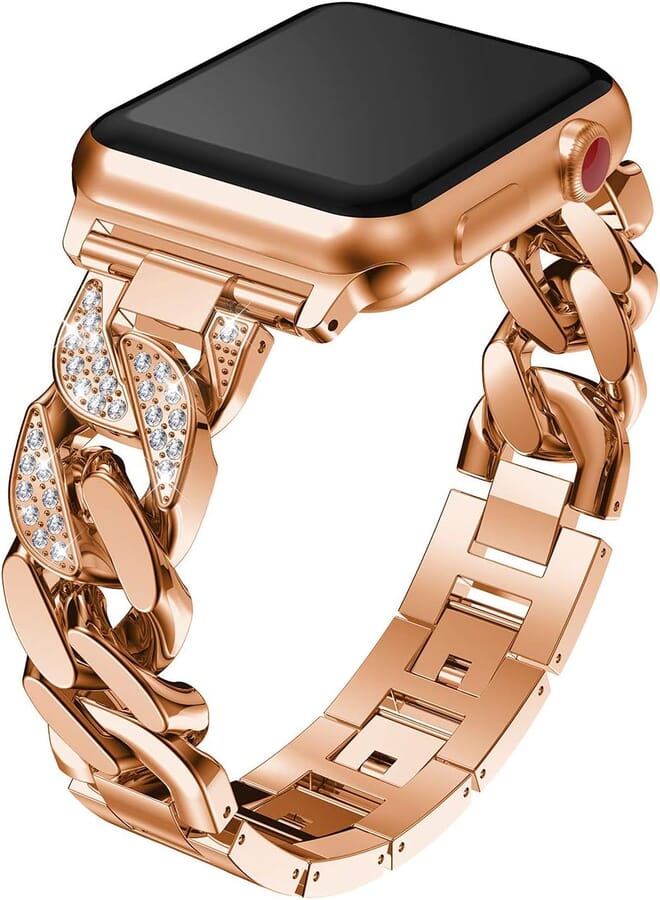 IZONE Luxury Stainless Steel Diamond Chain Strap - Stylish and Classy Compatible with Apple Watch Series 2 3 4 5 6 7 8 9 Ultra (38mm/40mm/41mm, Rose Gold)
