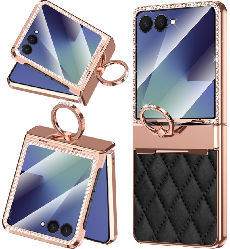 NINKI Glitter Cover for Samsung Galaxy Z Flip 7 Case with Hinge Protection & Ring, Shockproof Leather Luxury Diamonds for Samsung Z Flip 7 Leather Cover, Sparkle Galaxy Flip 7 Case Women Girls Black - Image 1