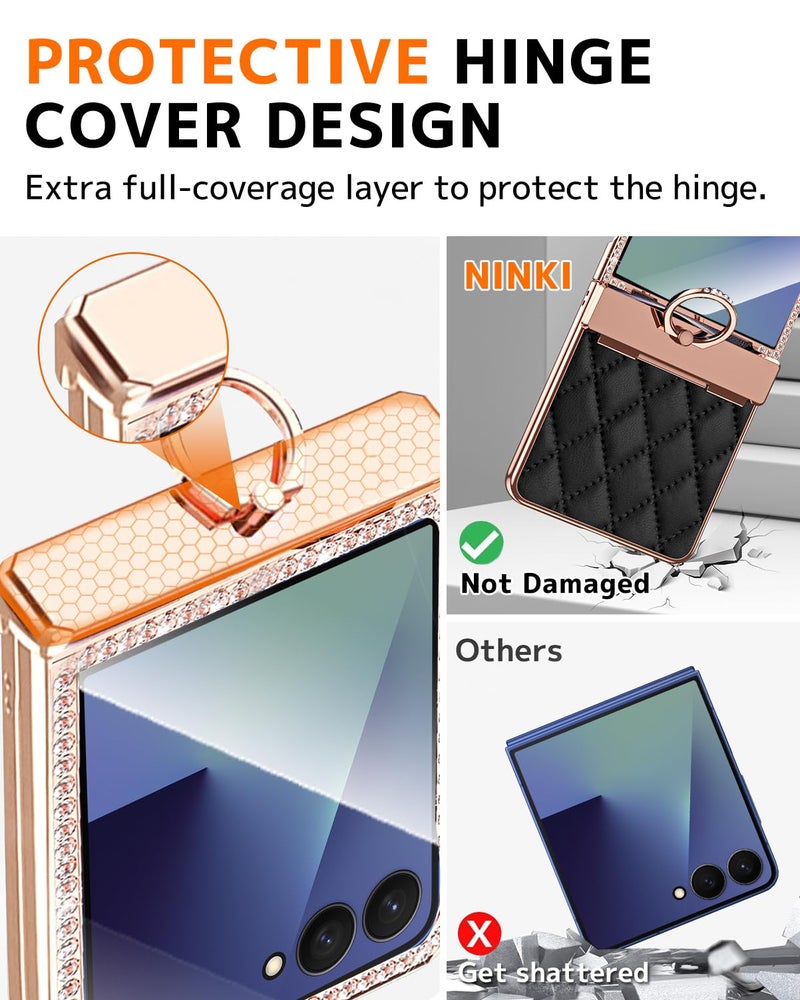NINKI Glitter Cover for Samsung Galaxy Z Flip 7 Case with Hinge Protection & Ring, Shockproof Leather Luxury Diamonds for Samsung Z Flip 7 Leather Cover, Sparkle Galaxy Flip 7 Case Women Girls Black - Image 4