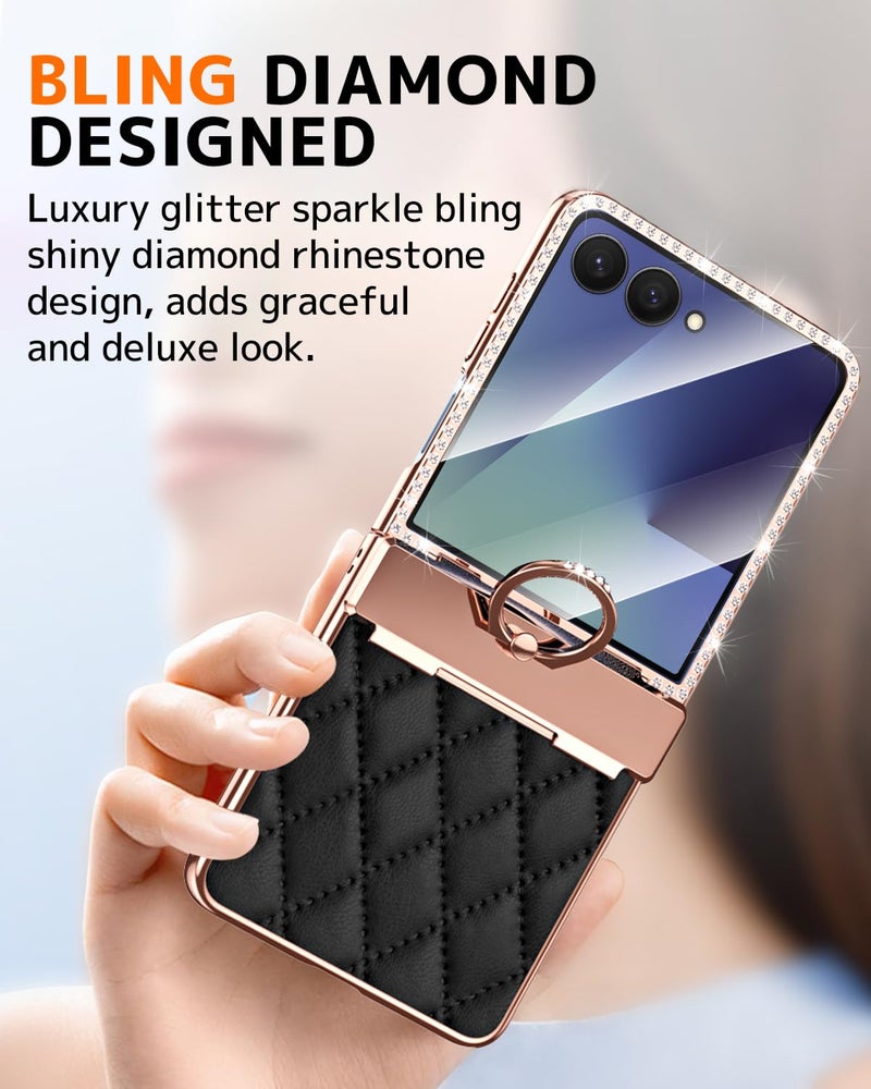 NINKI Glitter Cover for Samsung Galaxy Z Flip 7 Case with Hinge Protection & Ring, Shockproof Leather Luxury Diamonds for Samsung Z Flip 7 Leather Cover, Sparkle Galaxy Flip 7 Case Women Girls Black - Image 3