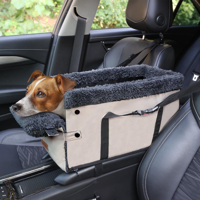 BONTHEE Center Console Dog Car Seat for Small Dogs,PU Leather Small Dog Car Booster Seat,Washable Foldable Puppy Car Seat with Safe Protection Hooks Adjustable Straps and Storage Pocket Pet Up to 15lbs - Image 1