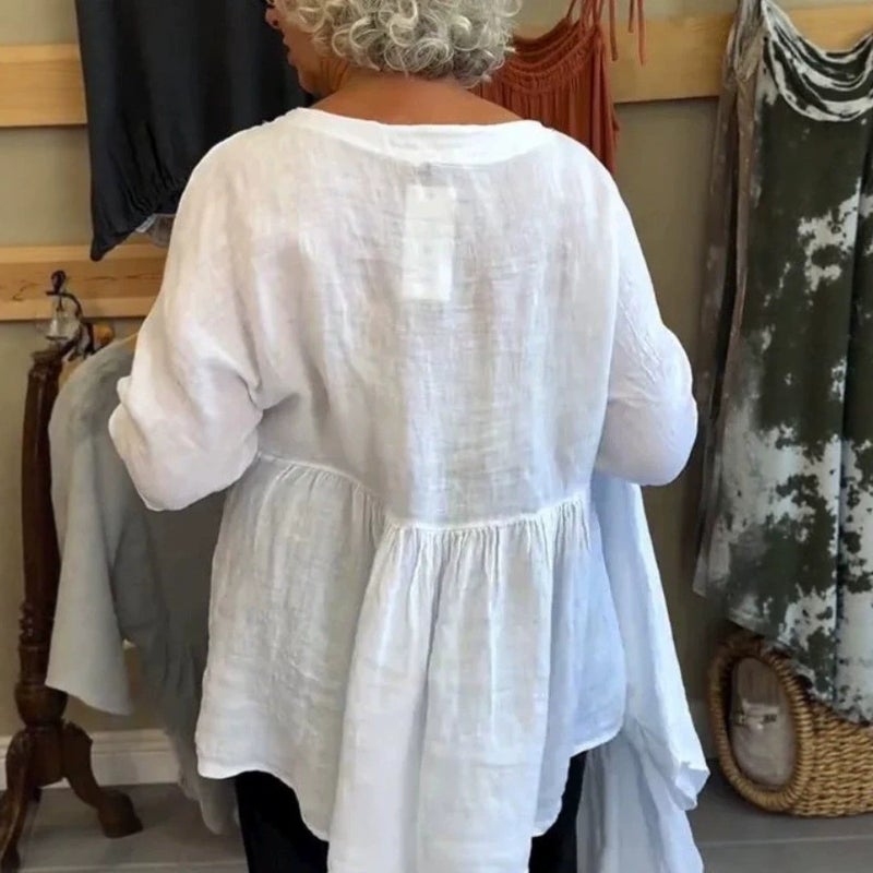 and Independent Site Summer Women''s Tops Deep V-Neck Cotton and Linen Pleated Solid Color Loose Mid-Sleeve Style - Image 2
