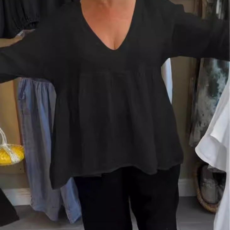 and Independent Site Summer Women''s Tops Deep V-Neck Cotton and Linen Pleated Solid Color Loose Mid-Sleeve Style - Image 4