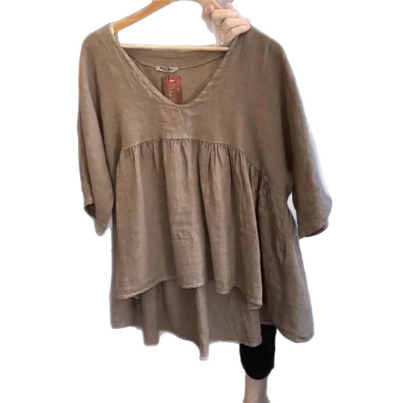 and Independent Site Summer Women''s Tops Deep V-Neck Cotton and Linen Pleated Solid Color Loose Mid-Sleeve Style - Image 5