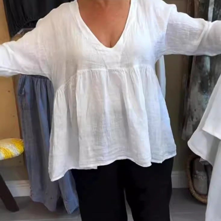 and Independent Site Summer Women''s Tops Deep V-Neck Cotton and Linen Pleated Solid Color Loose Mid-Sleeve Style - Image 1