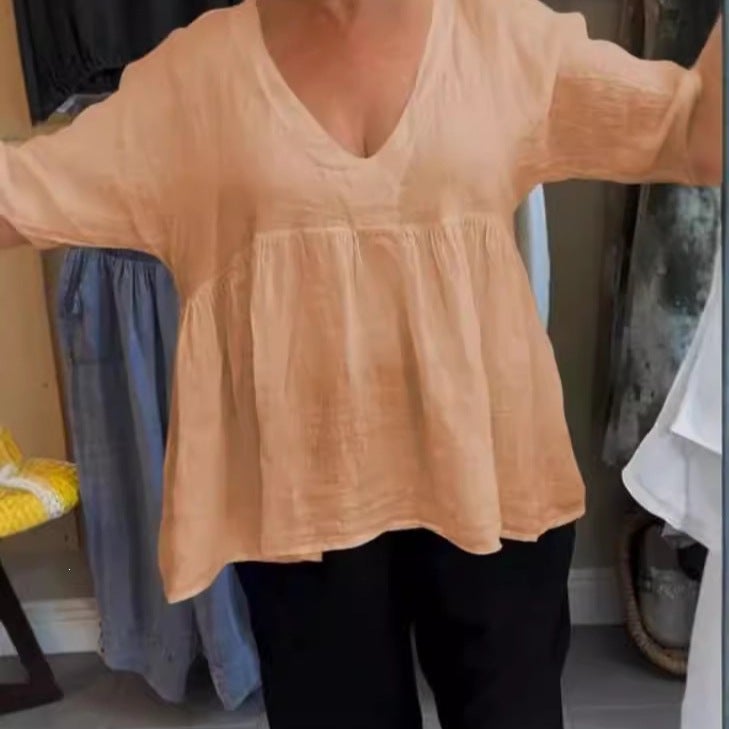 and Independent Site Summer Women''s Tops Deep V-Neck Cotton and Linen Pleated Solid Color Loose Mid-Sleeve Style - Image 3