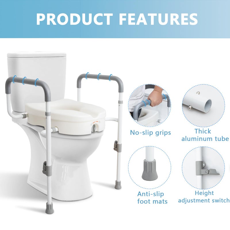WeHwupe Raised Toilet Seat with Handles for Elderly - Toilet Seat Risers for Seniors with Adjustable Padded Arms - Elevated Toilet Safety Seat for Standard or Elongated Commode - Image 4