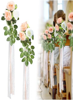 Giegxin Giegxin 16 Pcs Wedding Aisle Decorations Pew Flower for Wedding Ceremony Aisle Chair Artificial Rose Chair Decor Chair Back Floral Decoration with Eucalyptus and Ribbons for Ceremony Church Party 