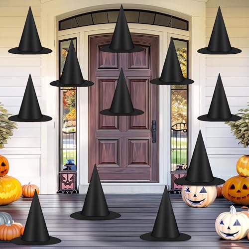 Helimoto 12 PCS Halloween Witch Hats Black Hanging Witch Hats Witch Costume Accessories with 328 FT Nylon Cord Wizard Hats Indoor Outdoor Halloween Decorations - Image 1