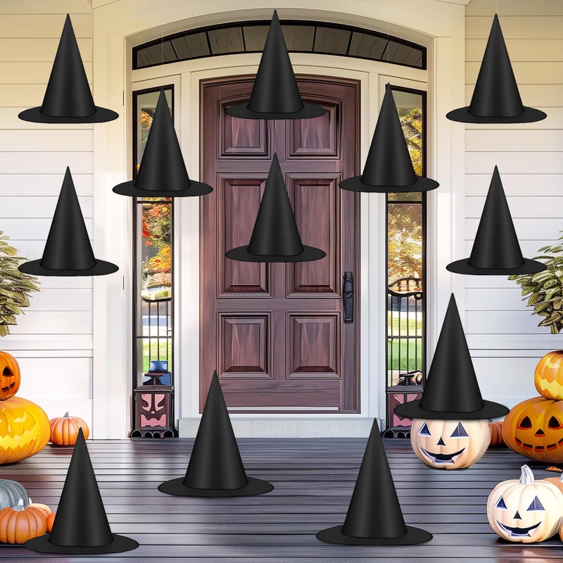Helimoto 12 PCS Halloween Witch Hats Black Hanging Witch Hats Witch Costume Accessories with 328 FT Nylon Cord Wizard Hats Indoor Outdoor Halloween Decorations - Image 2