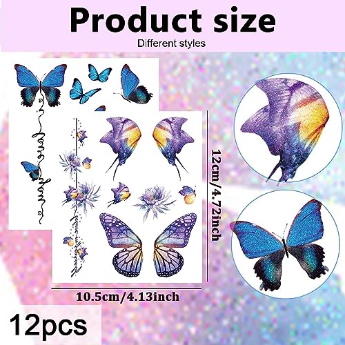 MAYCREATE® Butterfly Tattoo Sticker 12 Sheets Kit, Face Mehendi Temporary Tattoos for Women Girls, Aesthetic Glitter Fake Tattoo Stickers for Face Arm Body, Freckle Tattoo Art for Rave Party - Image 2