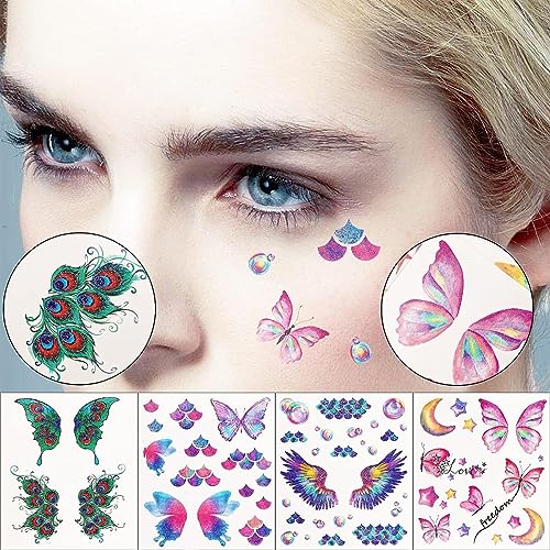 MAYCREATE® Butterfly Tattoo Sticker 12 Sheets Kit, Face Mehendi Temporary Tattoos for Women Girls, Aesthetic Glitter Fake Tattoo Stickers for Face Arm Body, Freckle Tattoo Art for Rave Party - Image 3