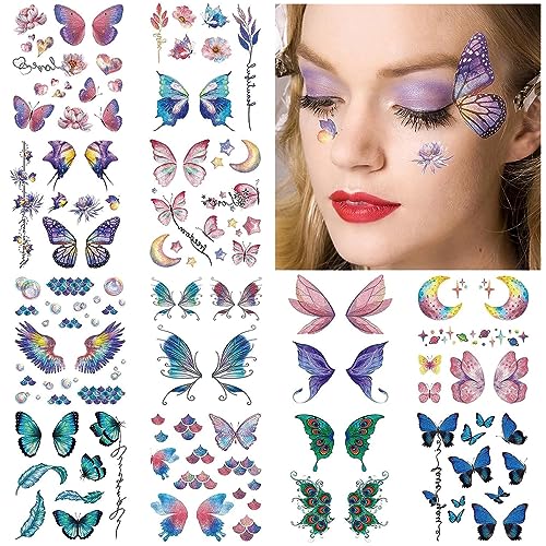 MAYCREATE® Butterfly Tattoo Sticker 12 Sheets Kit, Face Mehendi Temporary Tattoos for Women Girls, Aesthetic Glitter Fake Tattoo Stickers for Face Arm Body, Freckle Tattoo Art for Rave Party - Image 1