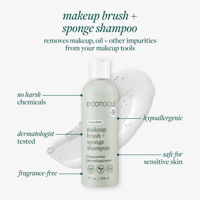 EcoTools Makeup Brush + Sponge Shampoo, Remove Makeup & Impurities From Tools, Sponges, & Puffs, Fragrance-Free Brush Cleanser, No Harsh Chemicals, Vegan, & Cruelty-Free, 8 fl. oz./236 ml. Bottle - Image 3