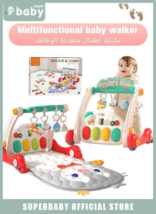 SuperBaby 4 In 1 Baby Playmat & Play Piano Gym With Walker, Learning Walking Stroller and Soft Infants Floor Activity Center, Musical Keyboard, Tummy Time - Image 1