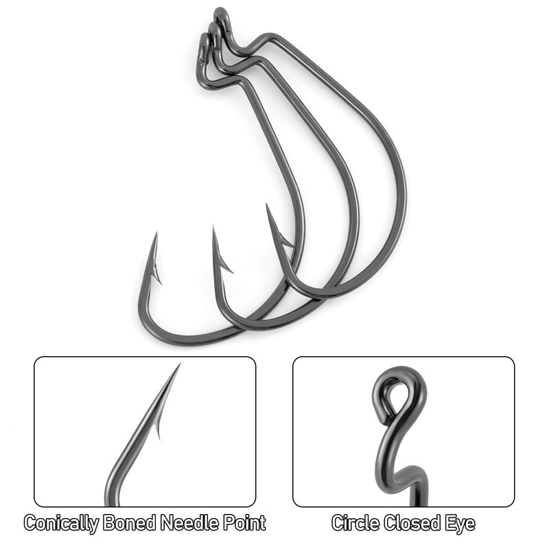 Dr.Fish 100 Pack EWG Hooks Bass Fishing Worm Hooks Extra Wide Gap Freshwater Fishing Carolina/Texas Rig #1 - Image 3
