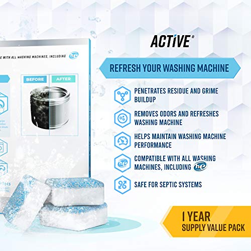ACTIVE Washing Machine Cleaner Descaler 24 Pack - Deep Cleaning Tablets For HE Front Loader & Top Load Washer, Clean Inside Drum And Laundry Tub Seal (Washing Machine Cleaner Tablets - 24 Pack) - Image 2