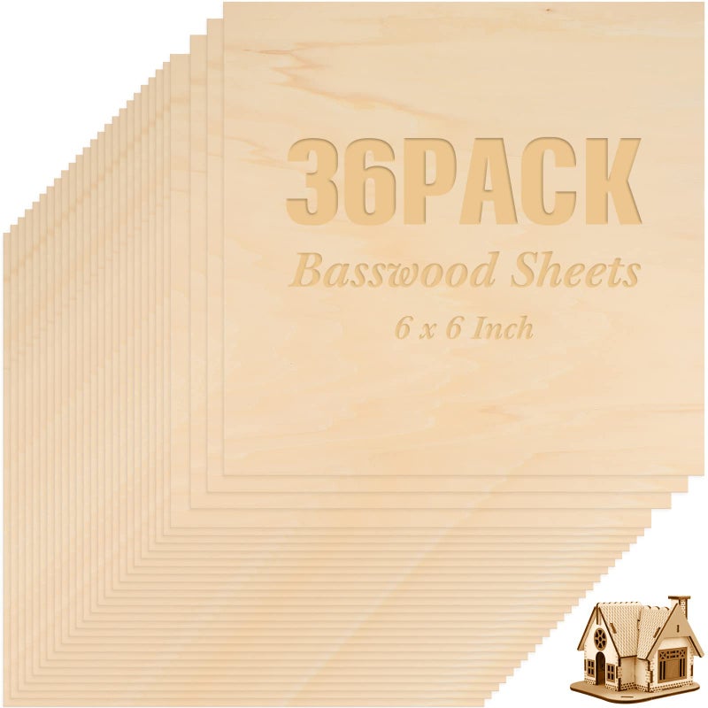 36 Pack Basswood Sheets Plywood Board 18 Inch Unfinished Wood Boards for Crafts for DIY Laser Projects Architectural Model Making Mini House Building Hobby Wood Burning 6 x 6 x 18 Inch