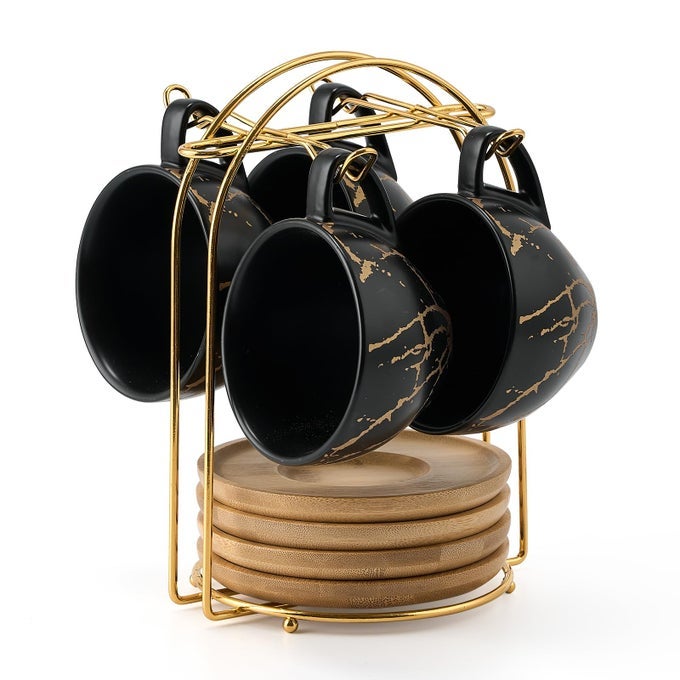 CERAMIC DEMITASSE ESPRESSO CUPS SET WITH SAUCERS AND METAL STAND 8 OZ PORCELAIN STACKABLE CAPPUCCINO CUPS TEACUP FOR TEA ESPRESSO LATTE COFFEE CAFE MOCHA SET OF 4 BLACK