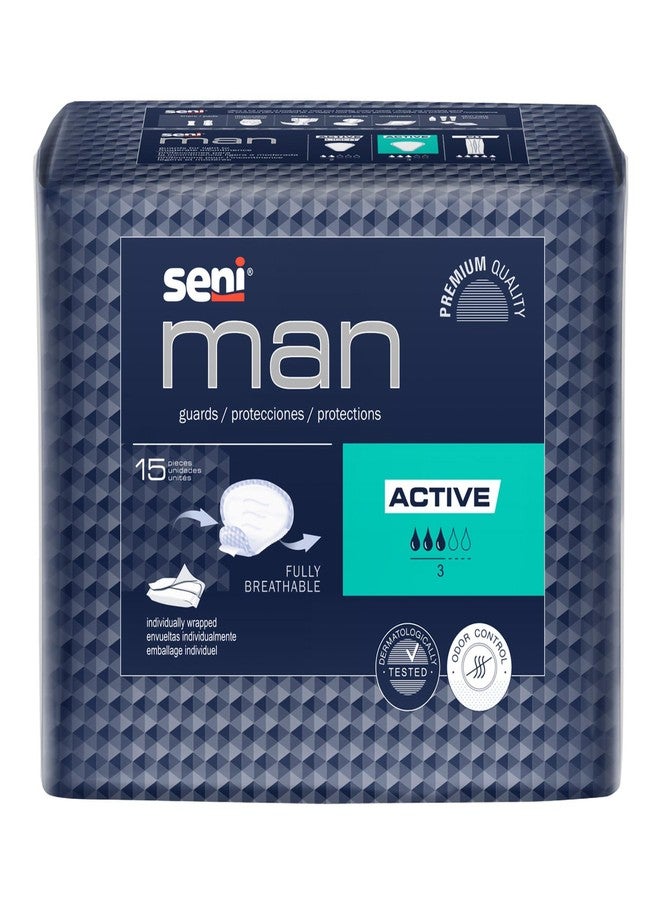Seni Man Active Guards, Male Incontinence Bladder Control Pads, 8-9/10" x 10-3/5", 90 Count (6 Packs of 15, Moderate Absorbency with Adhesive Strip and Super Absorbent Core, for Men - Image 1