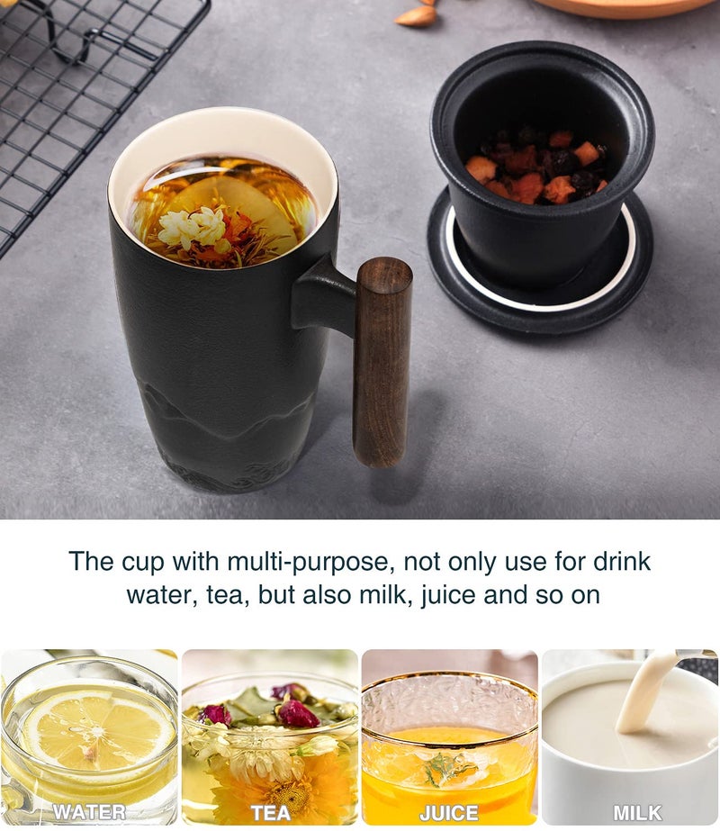 suyika Tomotime Ceramic Tea Cup with Infuser and Lid Tea Mugs Wooden Handle 400ml/13.5oz Black - Image 5