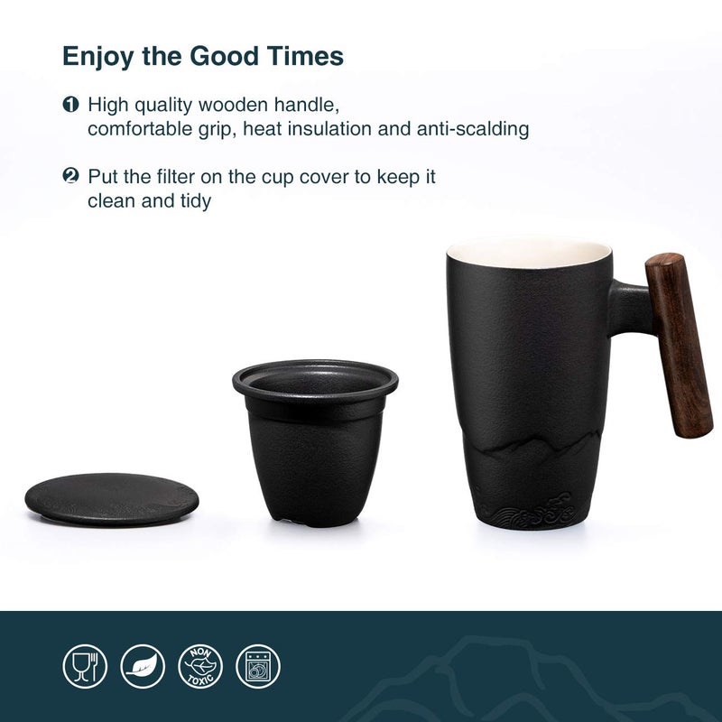 suyika Tomotime Ceramic Tea Cup with Infuser and Lid Tea Mugs Wooden Handle 400ml/13.5oz Black - Image 3