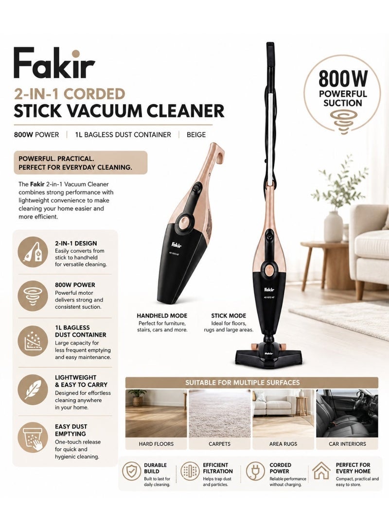 Fakir 2-in-1 Corded Stick Vacuum Cleaner, 800W, 1L Bagless Dust Container, High Suction Multi-Surface Vacuum for Carpet, Hardwood Floors, Tiles, Pet Hair and Home Cleaning, Beige - Image 2