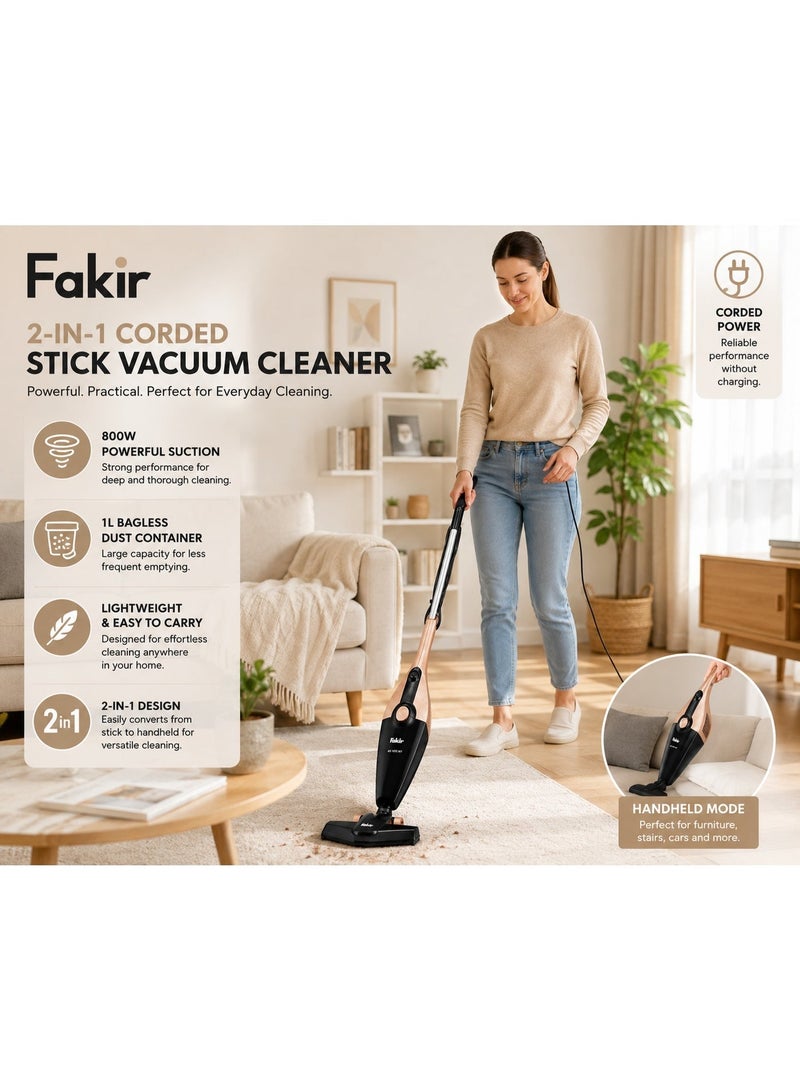 Fakir 2-in-1 Corded Stick Vacuum Cleaner, 800W, 1L Bagless Dust Container, High Suction Multi-Surface Vacuum for Carpet, Hardwood Floors, Tiles, Pet Hair and Home Cleaning, Beige - Image 3