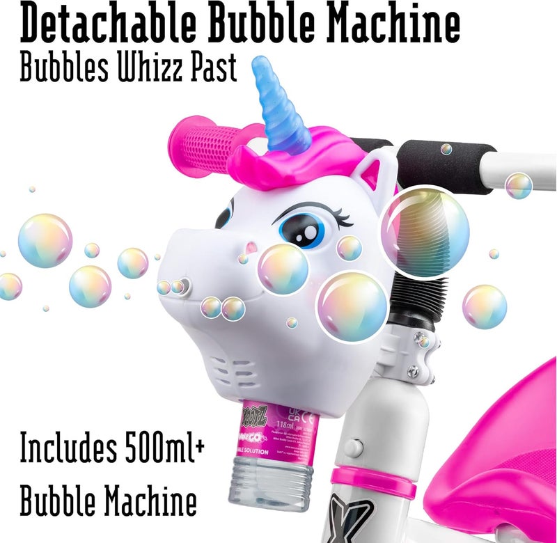 Xootz دراجة Bubble Go Unicorn ثلاثية العجلات للأطفال بعمر 3 سنوات، مع آلة فقاعات قابلة للفصل، تجميع سهل بالمشابك - لون أبيض - Image 4